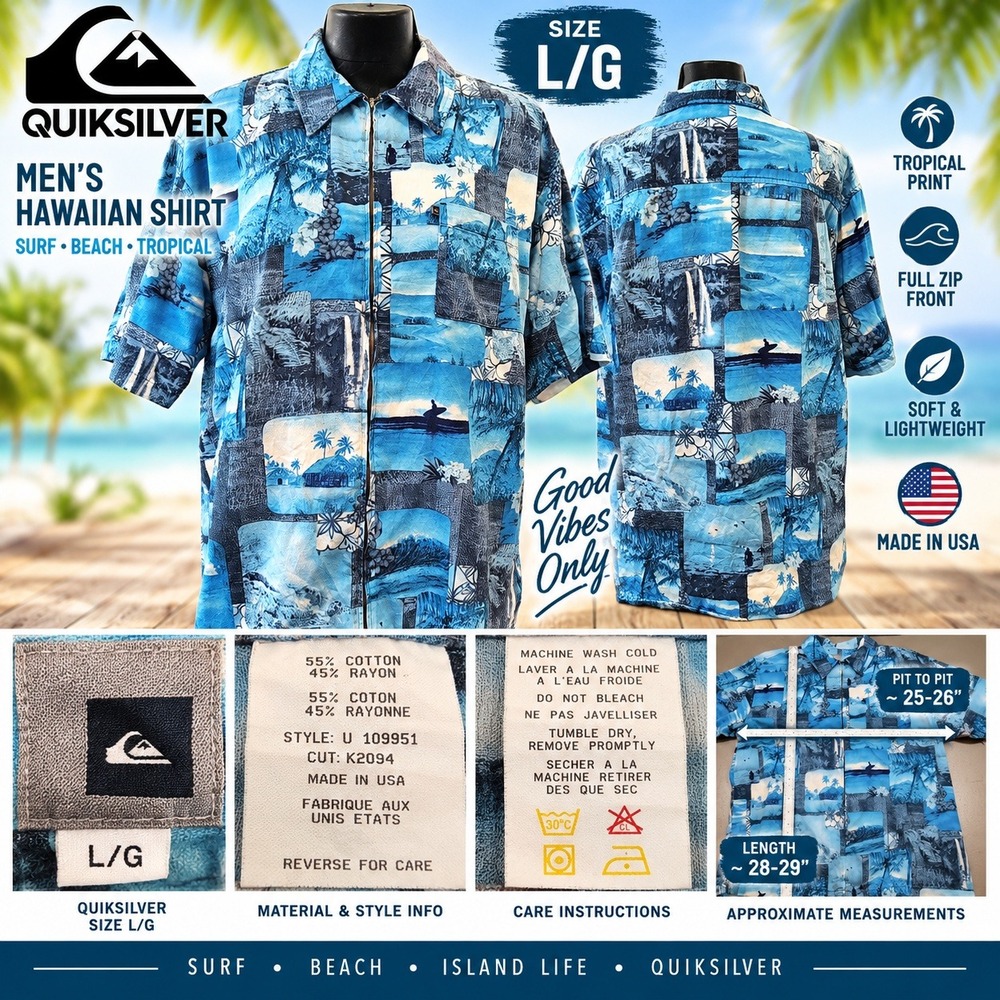 Quiksilver Mens Hawaiian Shirt Blue Tropical Surf Full Zip U109951 Size L USA
